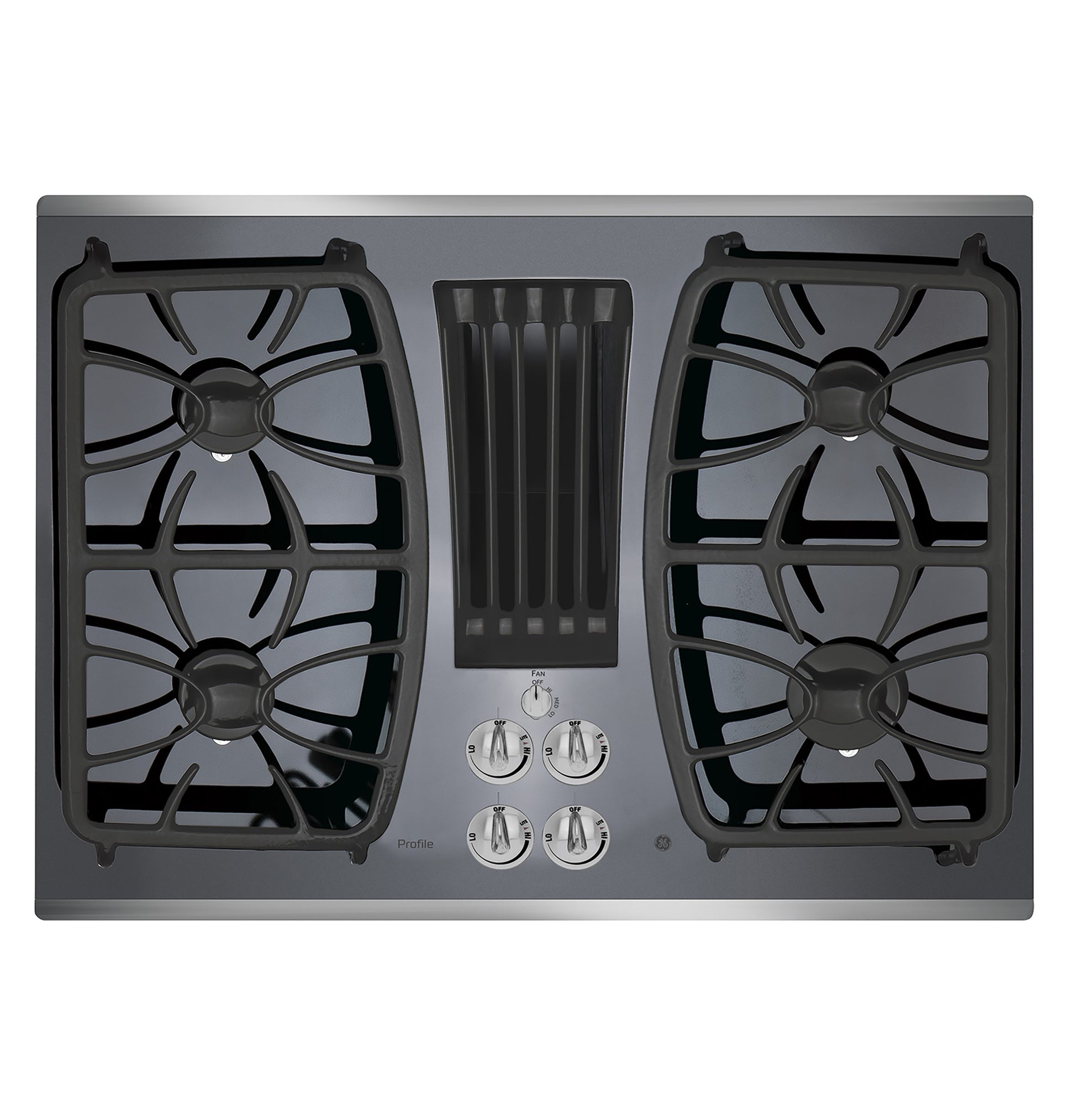 Top view of black built-in gas cooktop with downdraft vent and stainless steel control knobs for kitchen use