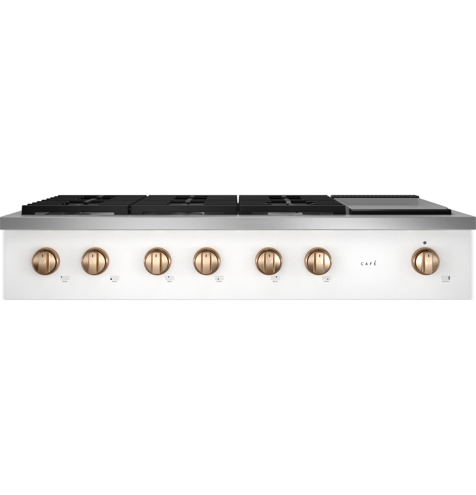 Commercial-style stainless steel gas cooktop with seven bronze control knobs in kitchen and appliances collection