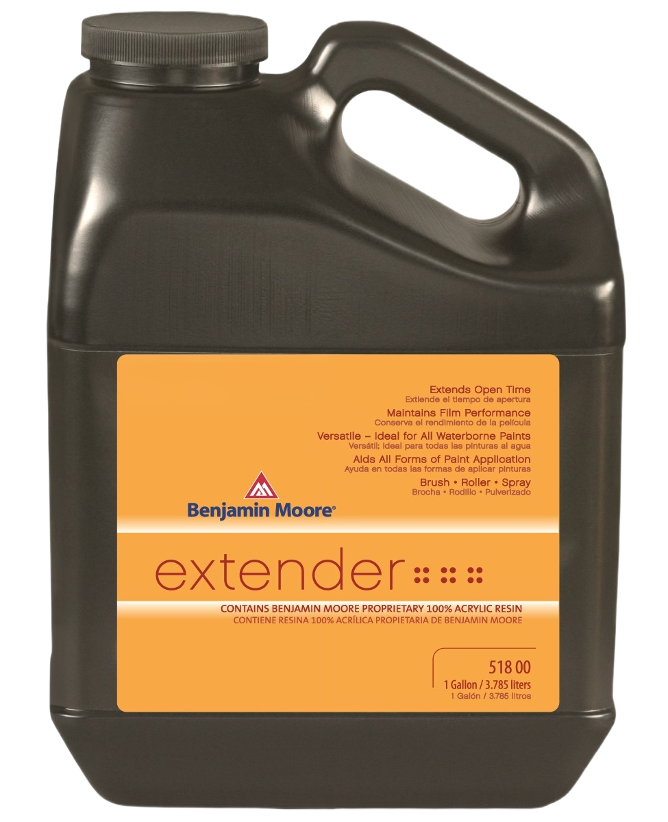 Dark brown plastic jug with orange label for Benjamin Moore paint extender in Paint & Supplies collection