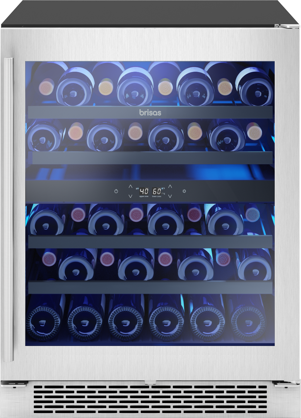 Undercounter dual zone wine cooler with stainless steel and glass door, blue LED lighting, digital temperature display, and multiple horizontal shelves for beverage centers and kitchen appliances.