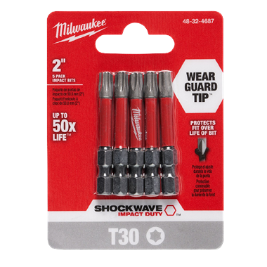 Pack of five 2-inch T30 TORX impact duty bits with wear guard tips for durable power tool accessory use