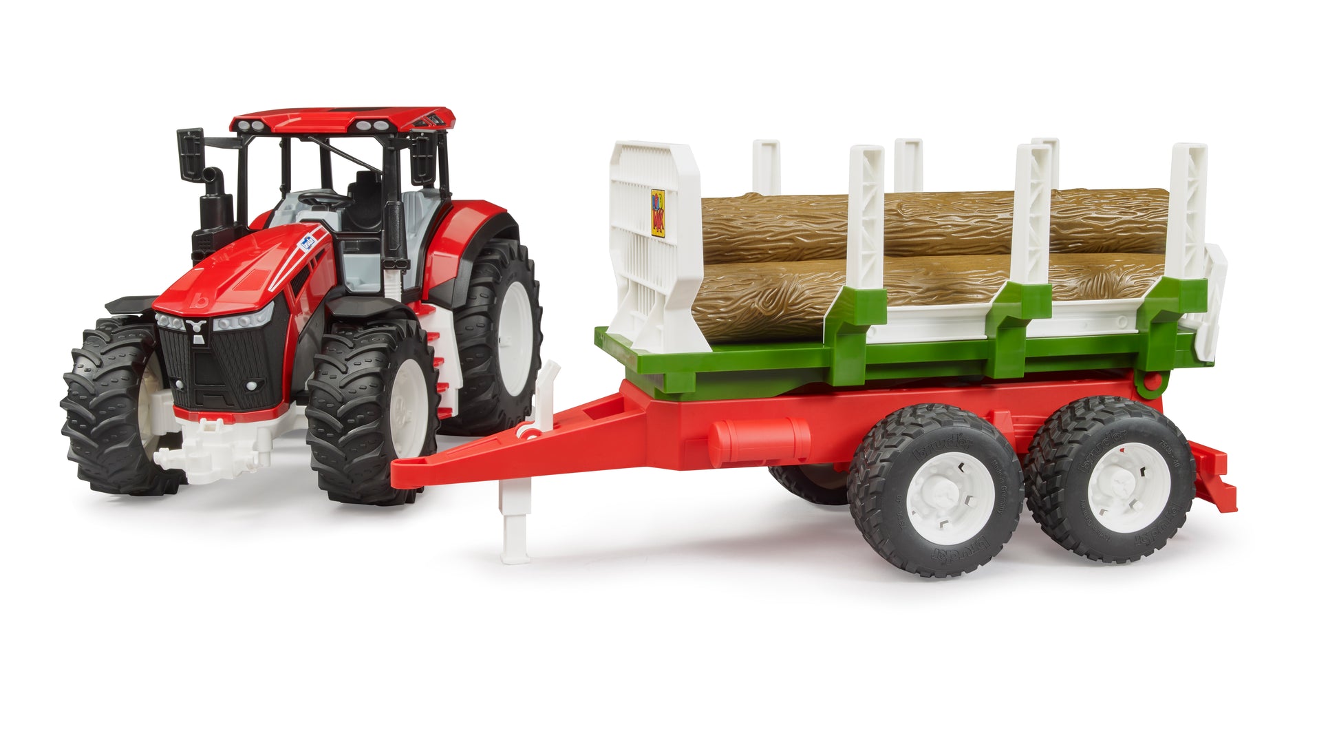 Red and black toy tractor with trailer loaded with three logs for realistic outdoor play scenarios