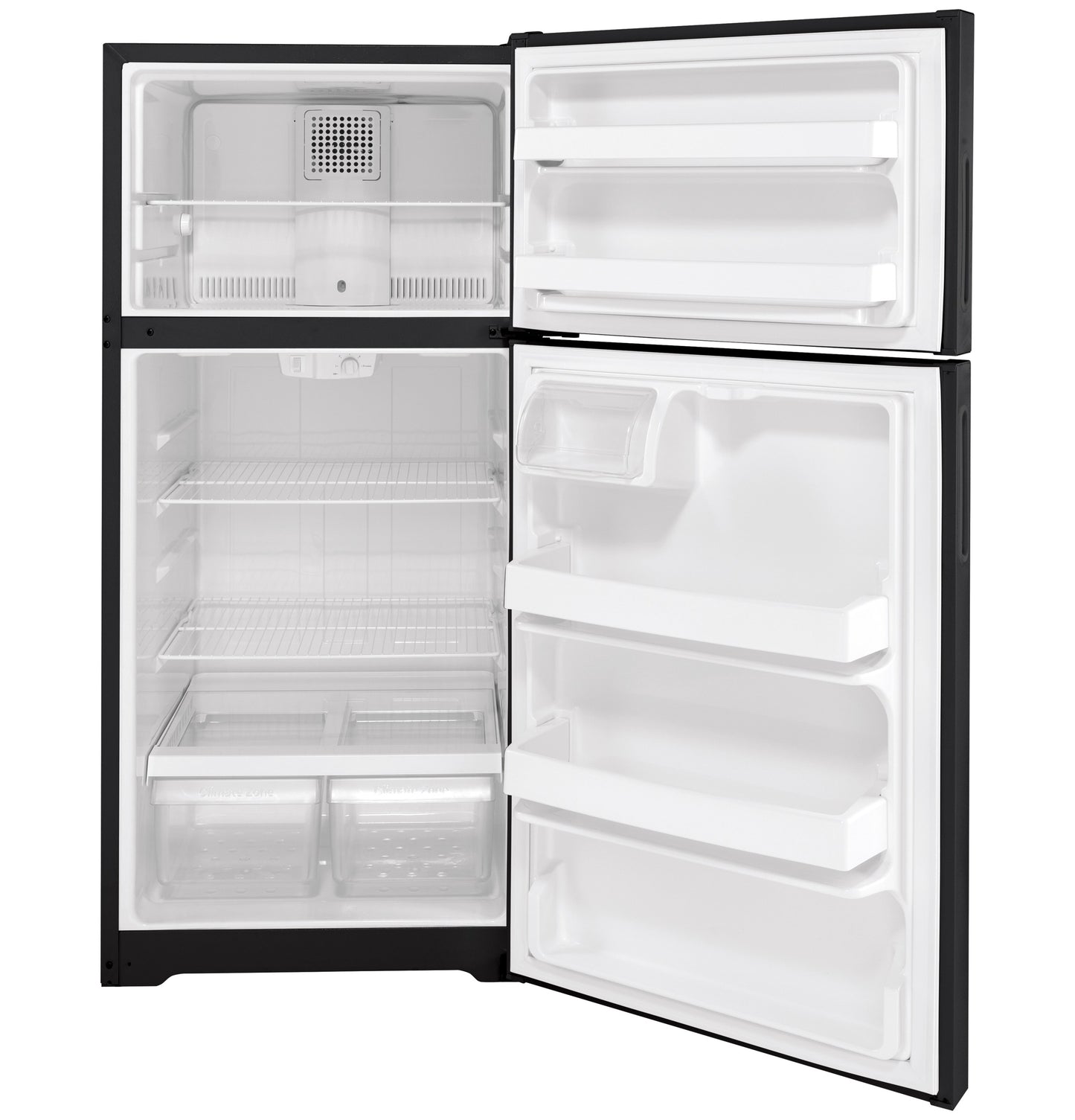 Open black recessed handle top-freezer refrigerator showing empty interior compartments in kitchen and appliances collection