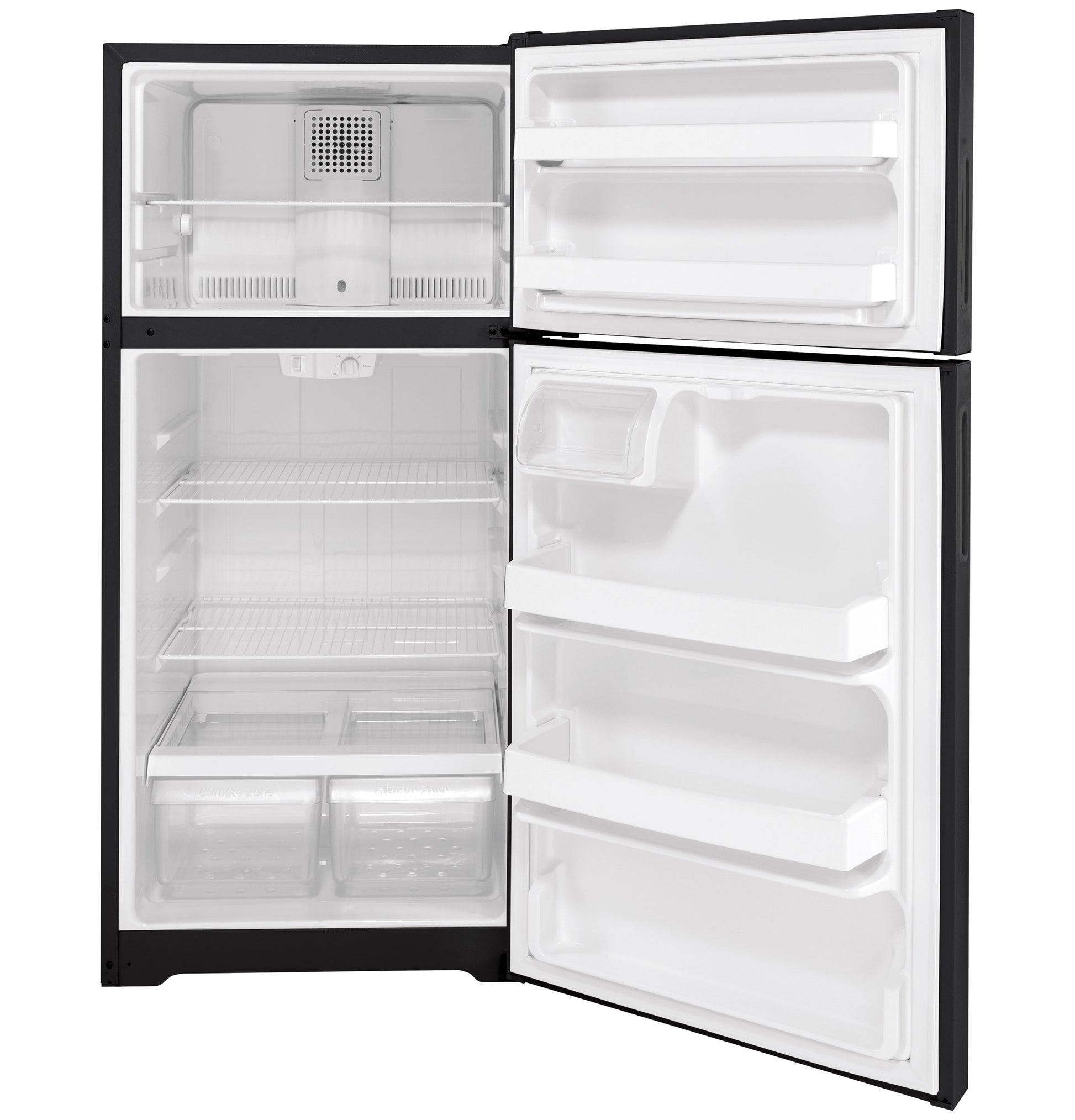 Open black recessed handle top-freezer refrigerator showing empty interior compartments in kitchen and appliances collection