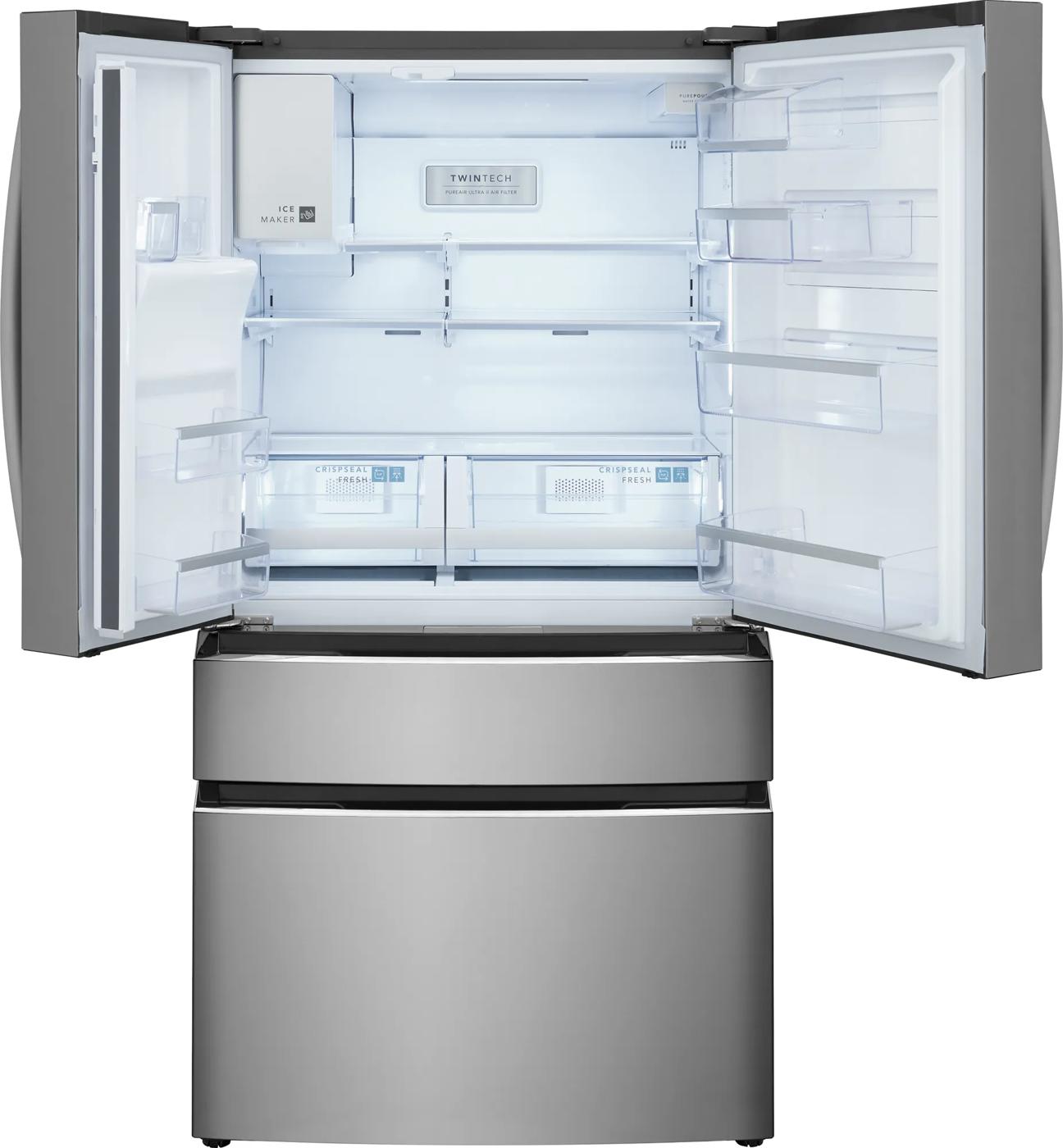 Open stainless steel 22 Cu. Ft. counter-depth 4-door French door refrigerator with organized shelves from kitchen appliances collection