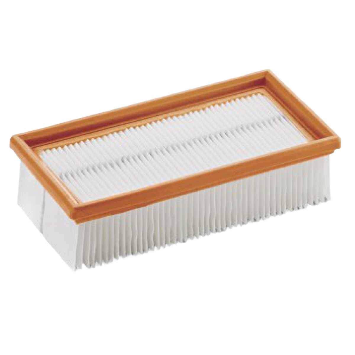 Rectangular flat filter with orange frame and white pleated material for wet and dry vacuum maintenance