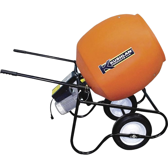 Orange direct drive concrete mixer with heavy-duty steel frame and two wheels, part of rental equipment for cement and masonry tools at Hartville Hardware.