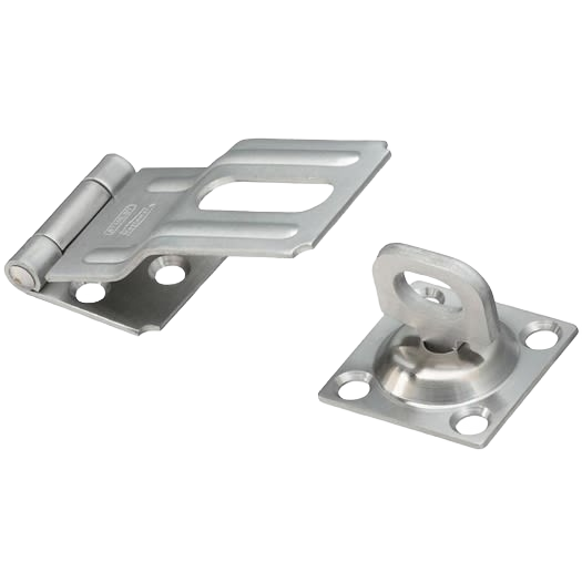 Stainless steel swivel hasp with mounting plate for securing doors and cabinets in hardware and door accessories collections