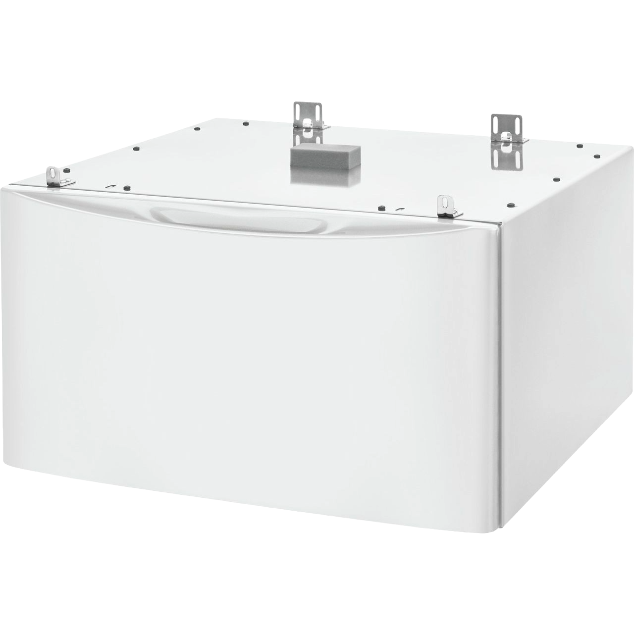 White laundry pedestal with storage drawer and mounting brackets for washer or dryer appliance parts and accessories