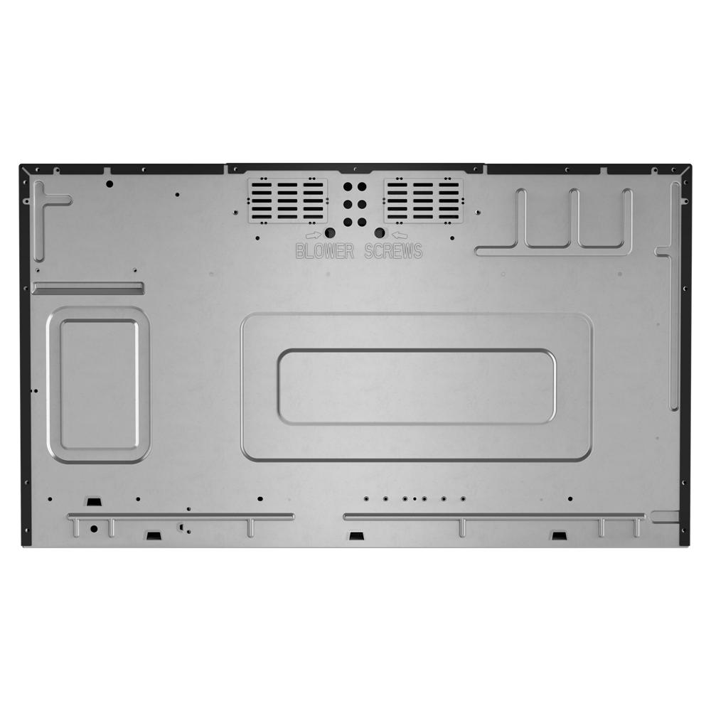 Rear view of metal panel for kitchen appliance featuring ventilation slots and mounting points for installation