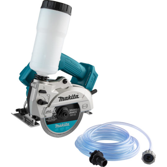 Cordless 5-inch wet/dry masonry saw with water tank and hose, designed for precision cutting of ceramic and granite surfaces