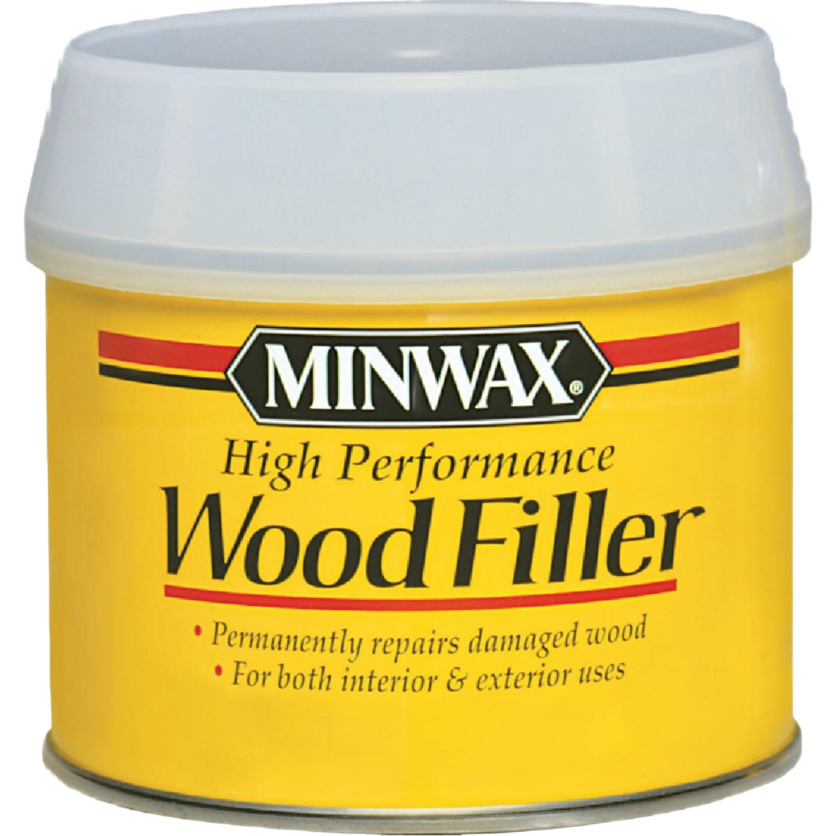 Container of Minwax high performance wood filler for indoor and outdoor wood repair in home improvement projects