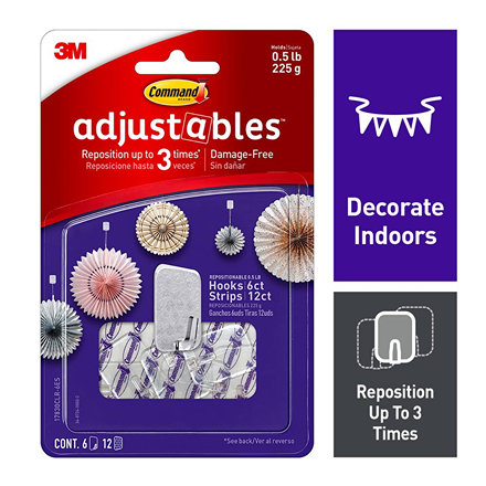 Packaging of clear repositionable hooks with decorative paper rosettes displayed for indoor home improvement use