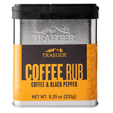 Metal container of Traeger coffee rub with bold yellow label for grilling sauces and spices collection