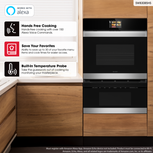Modern built-in smart wall oven and microwave drawer with touchscreen and wood cabinetry in kitchen setting