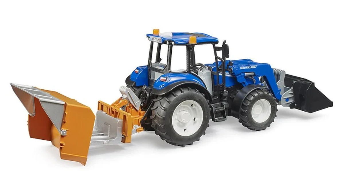 Bruder 09861 New Holland T5.120 with Front Loader, Load Box, Forks and Round Bale