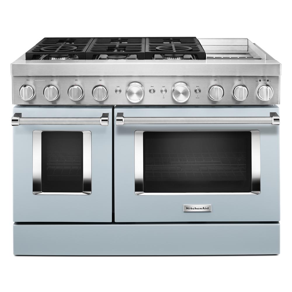 Stainless steel dual fuel range with six burners, electric griddle, and double ovens in Appliances and Ranges collections