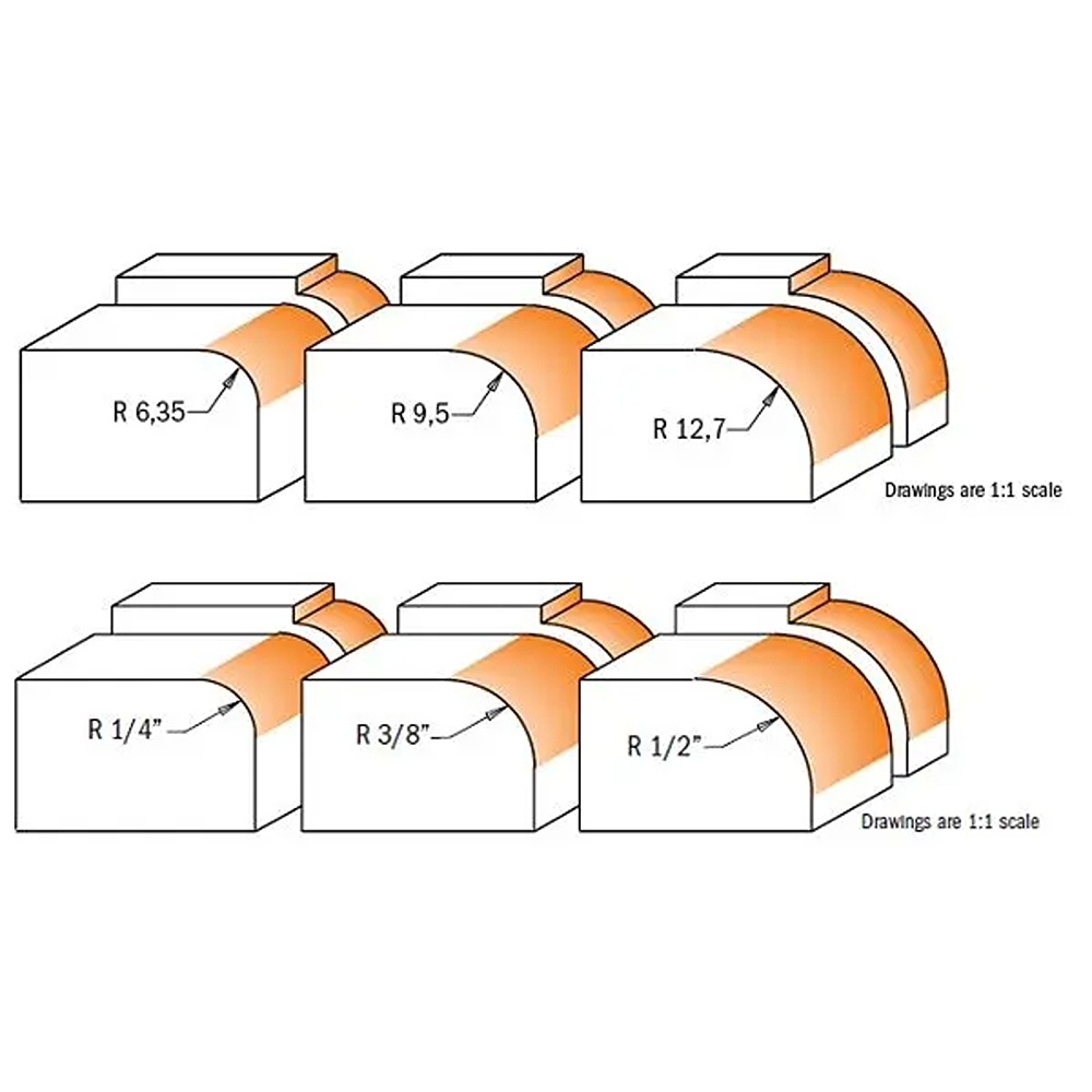 CMT Orange Tools 1/4” - 3/8” - 1/2”, 3-Pc Roundover Bit Set, 1/2" Shank