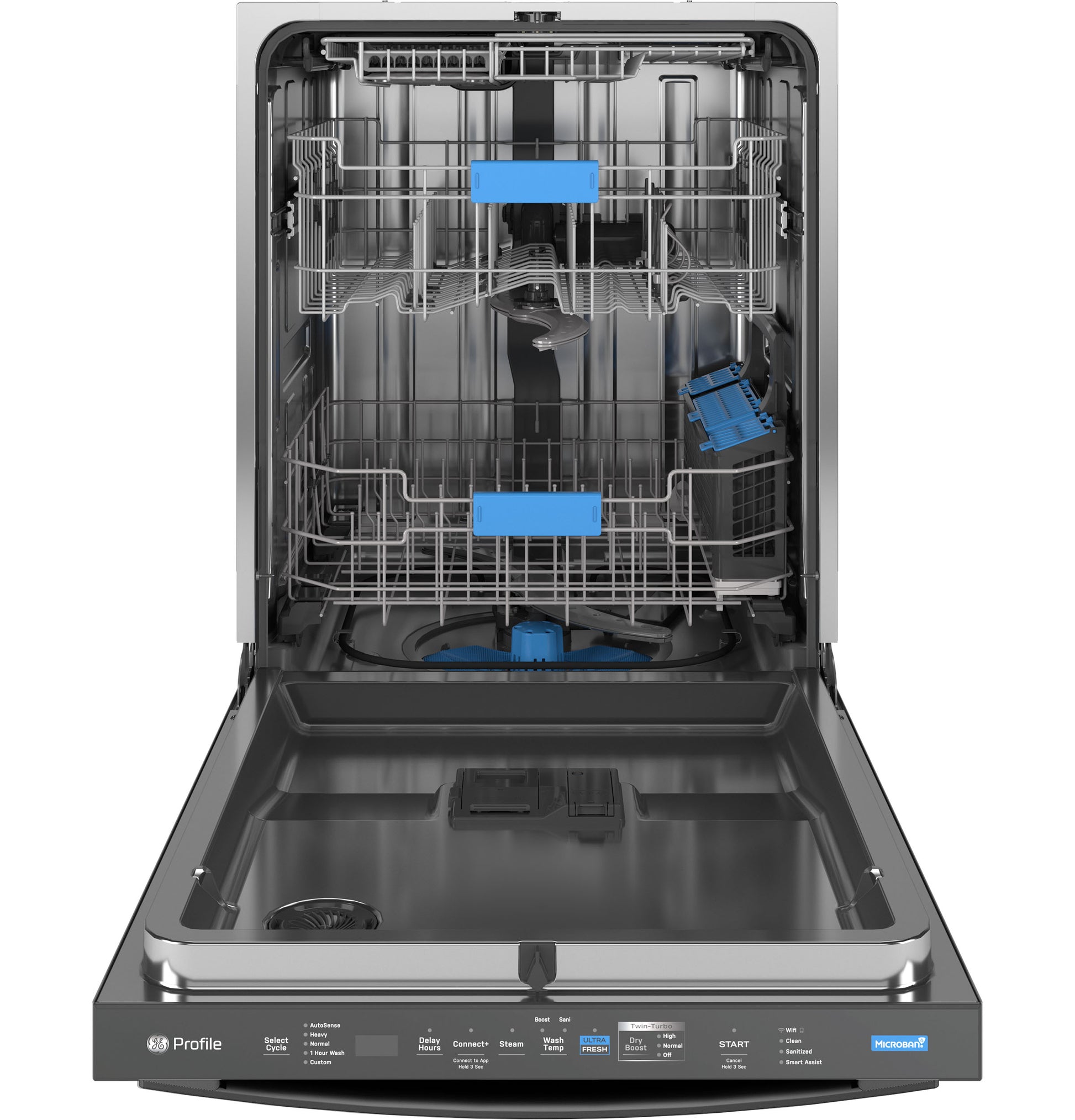 Open stainless steel dishwasher with adjustable racks and interior components from Dishwashers and Kitchen & Kitchenware collections