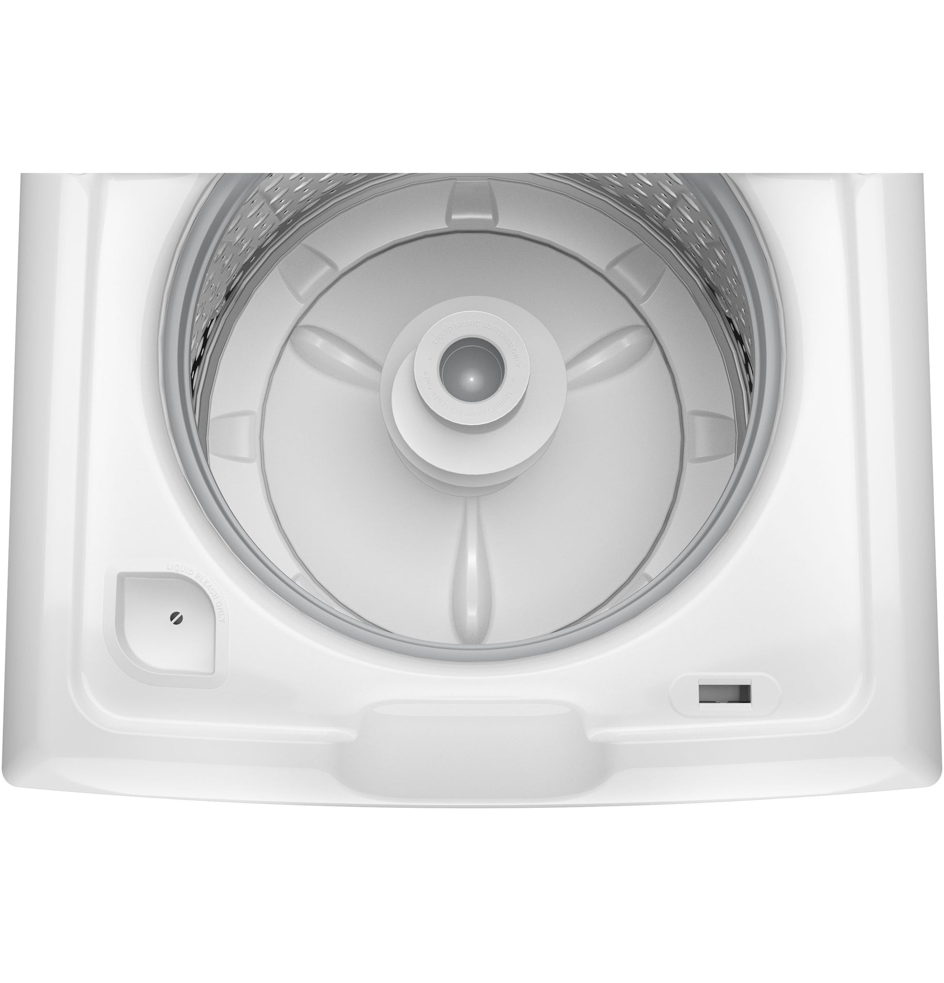 Top view of white top load washer tub with stainless steel basket for washers and appliances collection