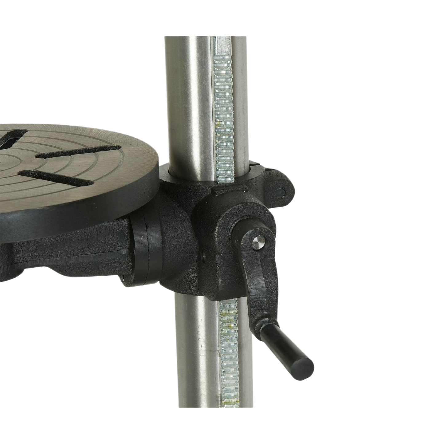 Adjustable steel rack and pinion mechanism on drill press for precise height control in home improvement tasks