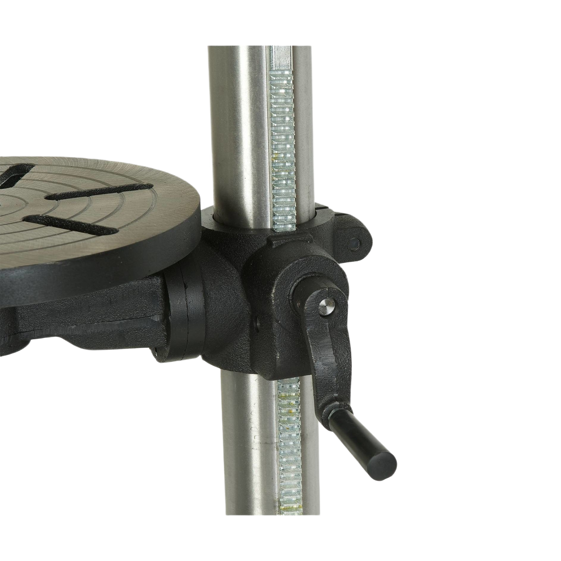 Adjustable steel rack and pinion mechanism on drill press for precise height control in home improvement tasks