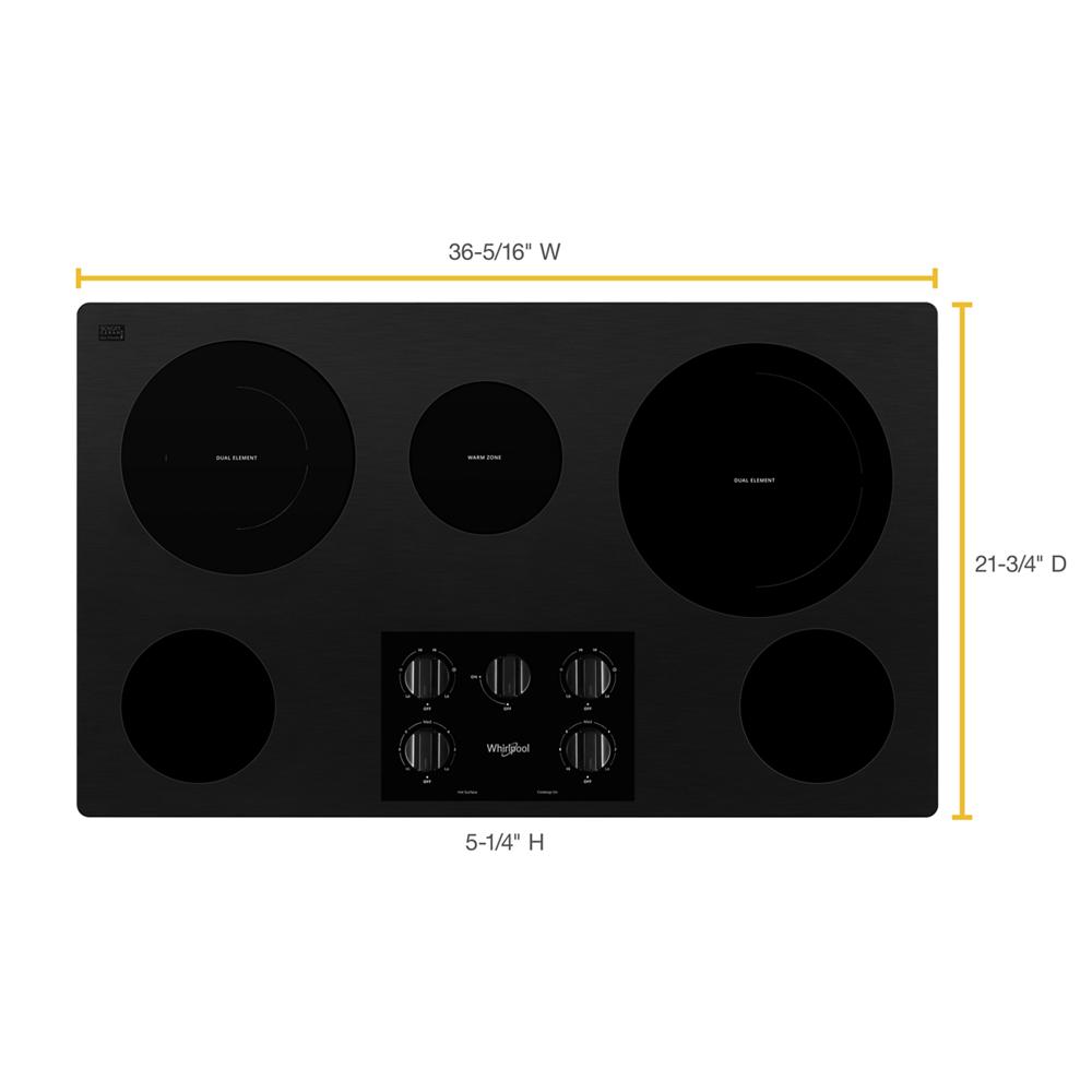 Black 36-inch electric ceramic cooktop with five burners and control knobs from Cooktops and Kitchen & Kitchenware collections