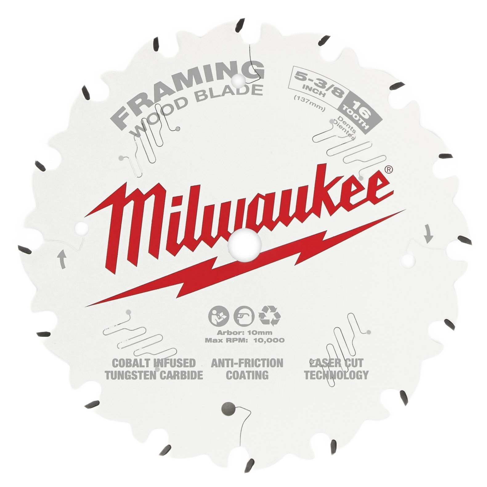Milwaukee 5-3/8 inch circular saw blade with 16 teeth, anti-friction coating for woodworking and power tool accessories