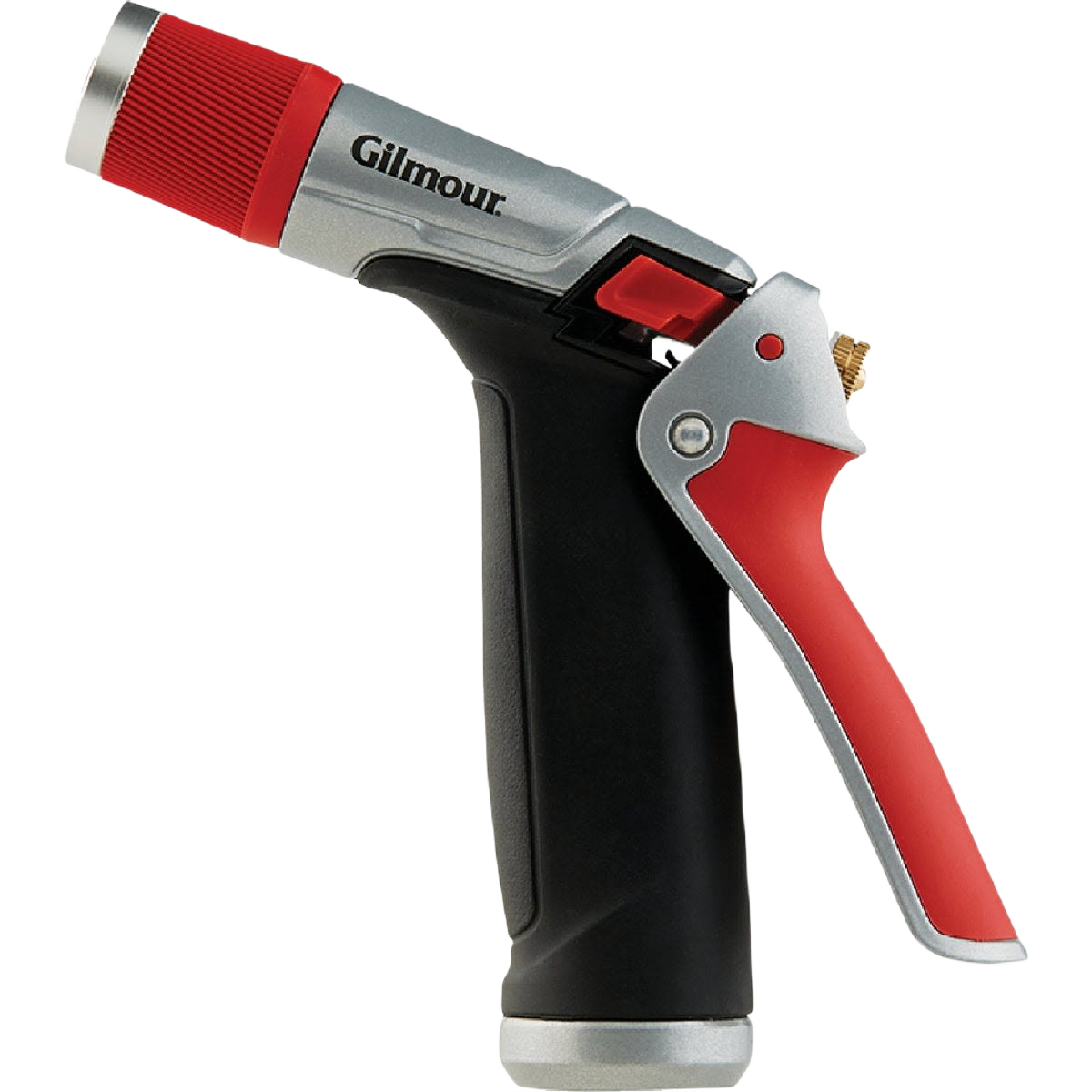 Red and black pistol grip nozzle with zinc body and brass adjustment for garden tools and home improvement use