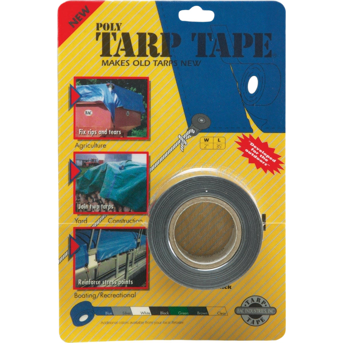 Roll of silver tarp repair tape in packaging with usage examples in Hardware and Home Improvement collections