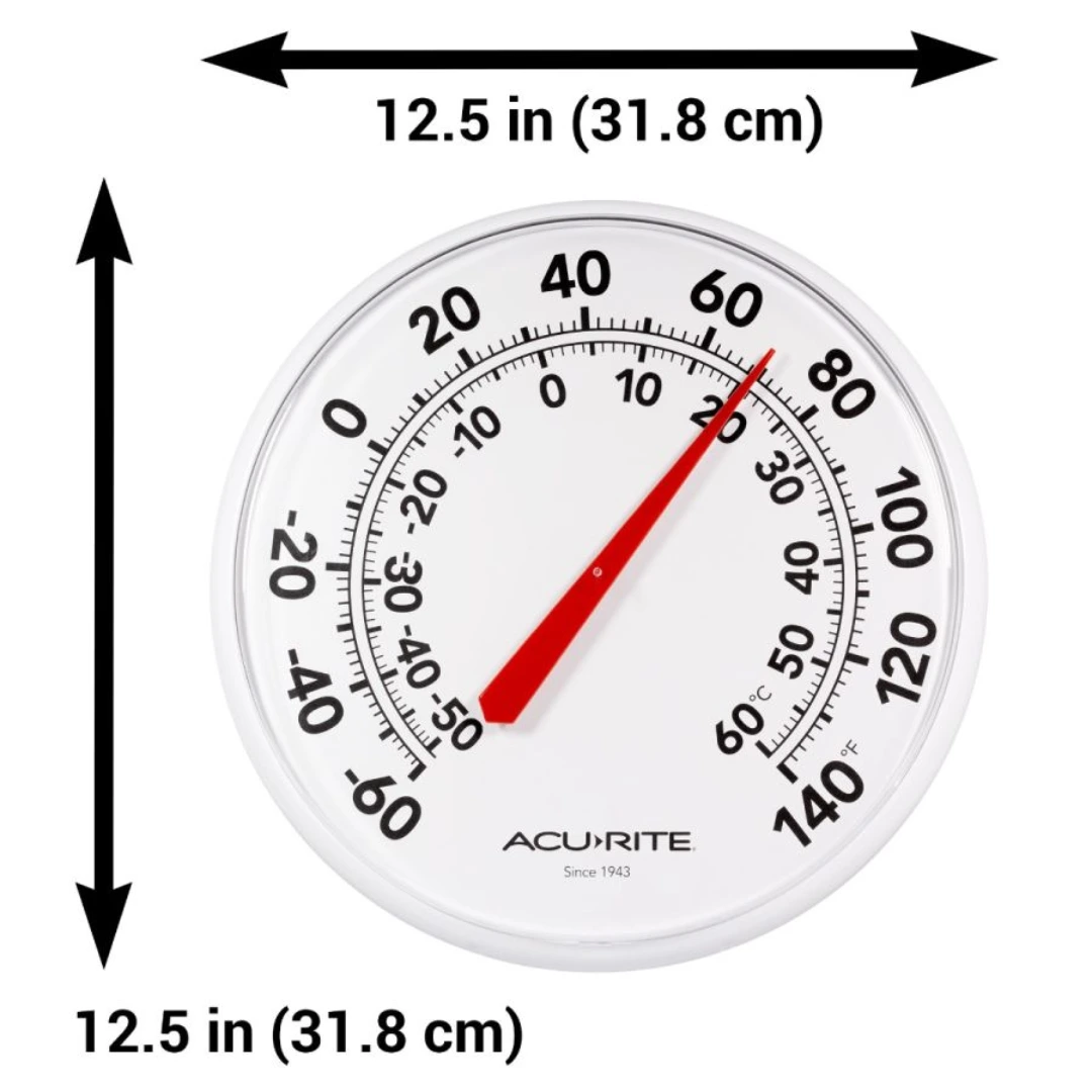 White round outdoor thermometer showing temperature readings in Fahrenheit and Celsius with red needle and AcuRite branding