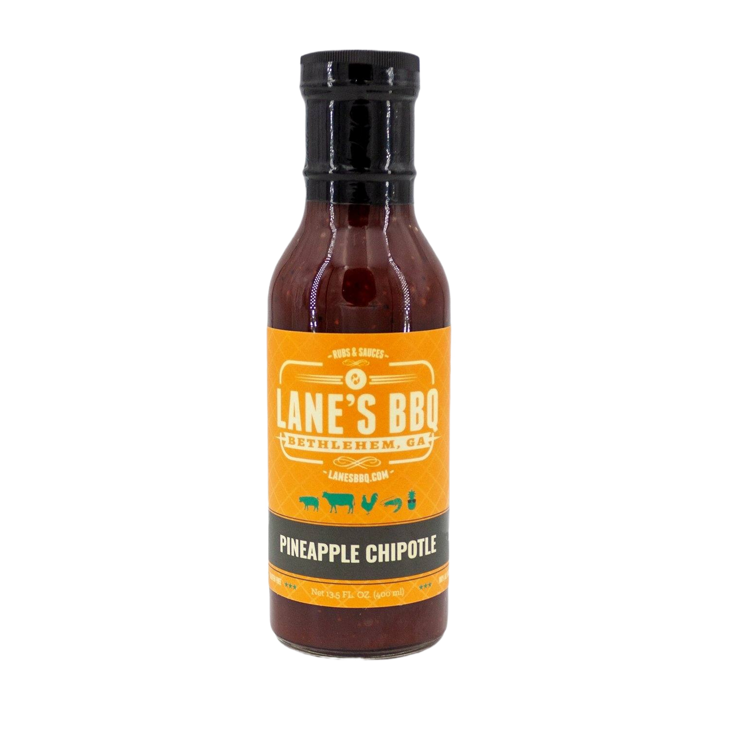 Bottle of Lane's BBQ Pineapple Chipotle sauce with orange and black label for grilling sauces and spices collection