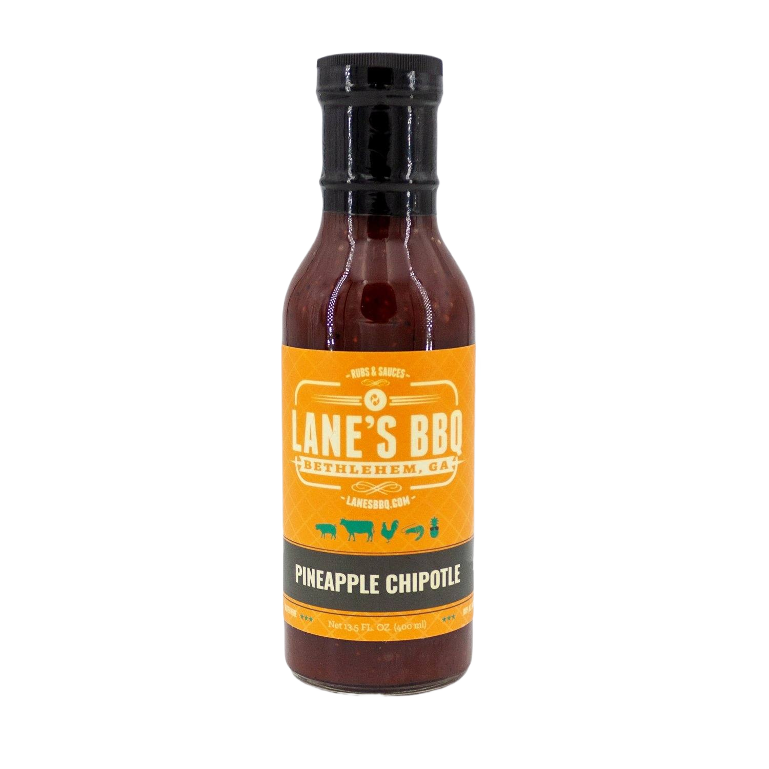 Bottle of Lane's BBQ Pineapple Chipotle sauce with orange and black label for grilling sauces and spices collection