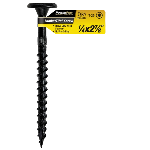Black heavy-duty structural screw with flat head and coarse threading for wood fasteners in hardware and building materials collections