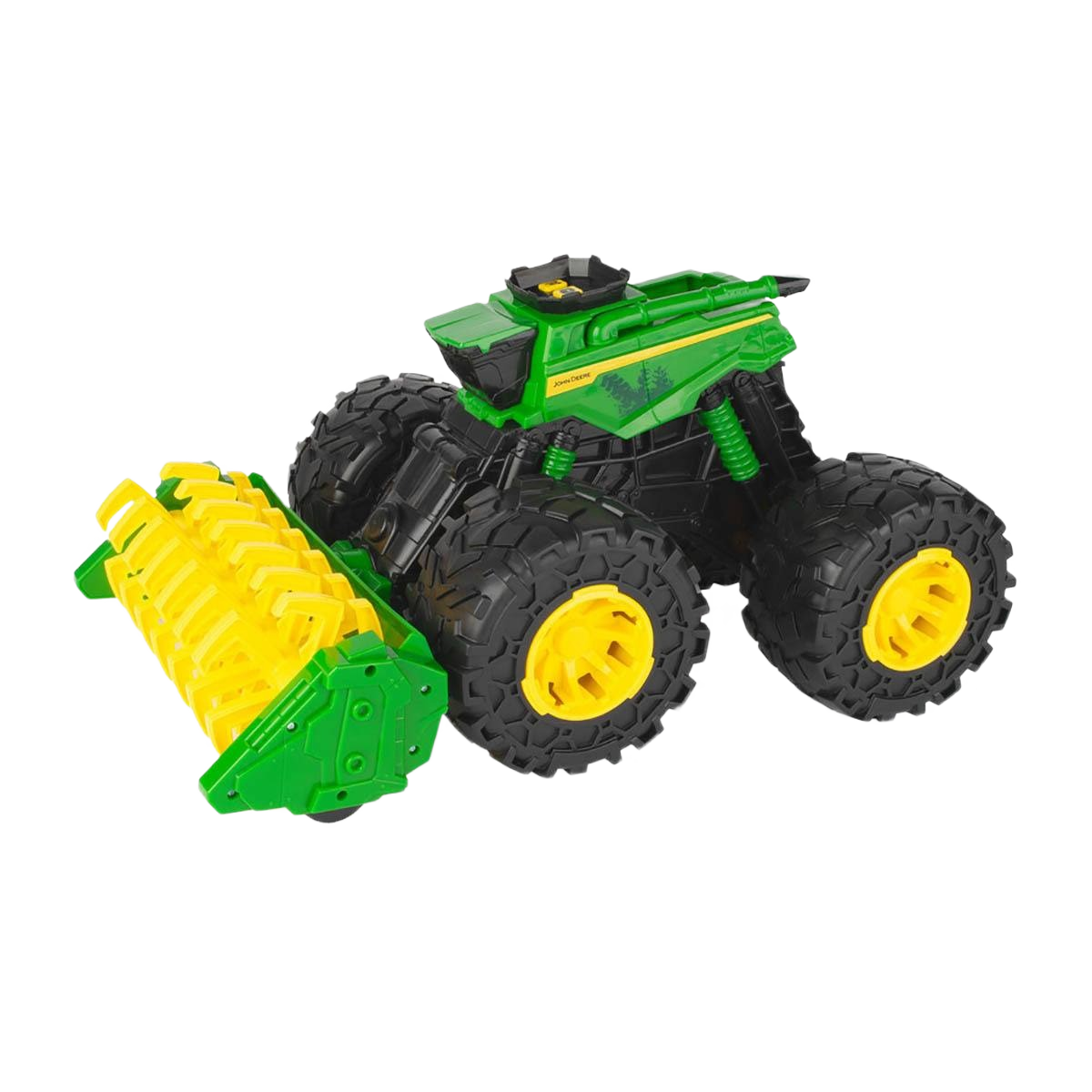 Green and yellow monster tread toy combine with oversized rugged tires for imaginative farm play and home improvement themes