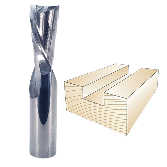 Spiral downcut router bit with polished finish alongside graphic of wood groove cut for tool accessories and home improvement