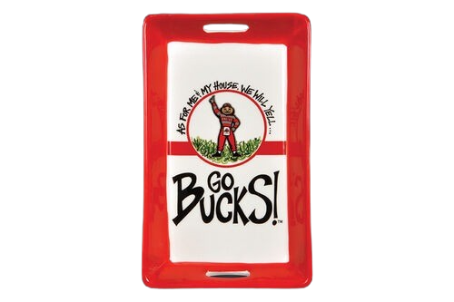 Rectangular red and white mini tray featuring a cartoon cheerleader and Go Bucks sports slogan design