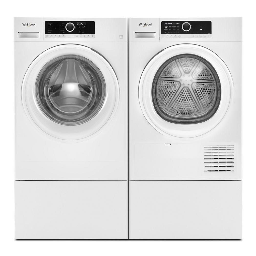 Front load washer and dryer set in white with pedestal bases, shown for appliance parts and home improvement use