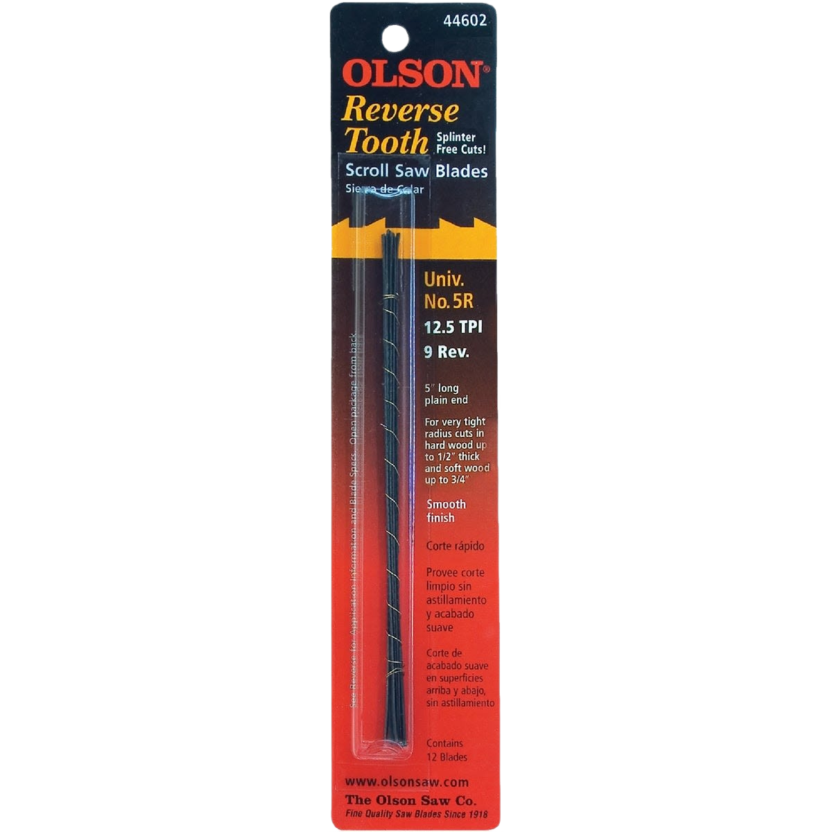 Packaging of Olson reverse tooth scroll saw blades with 12 blades for woodworking tool and power tool accessories collections