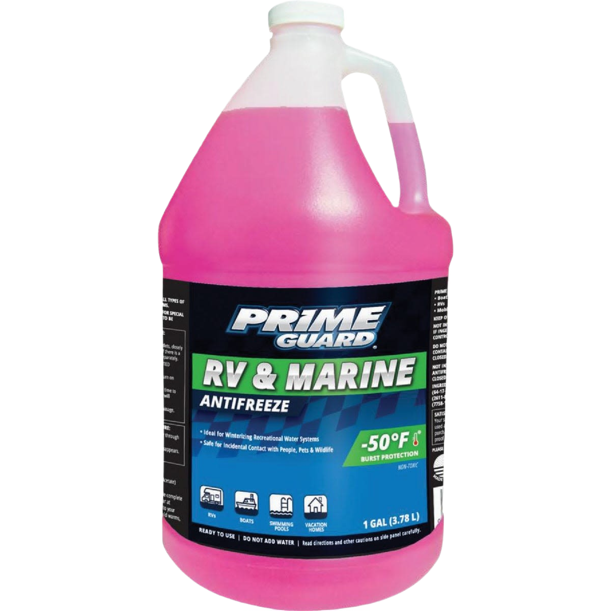 One-gallon pink RV and marine antifreeze container for freeze protection in automotive and home improvement supplies