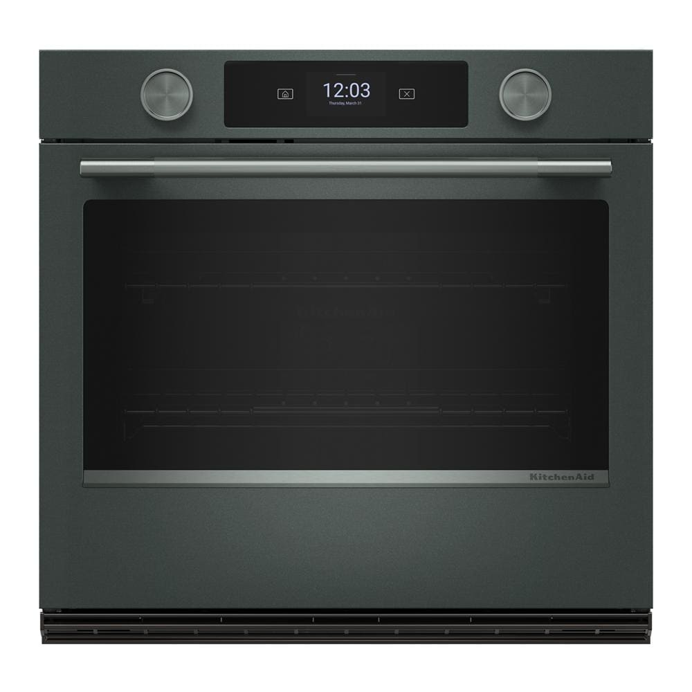 Front-facing view of a 30-inch smart electric single wall oven in Juniper with stainless steel handle, digital display, and intelligent cooking camera, part of KitchenAid appliances in single wall ovens and kitchenware collections.