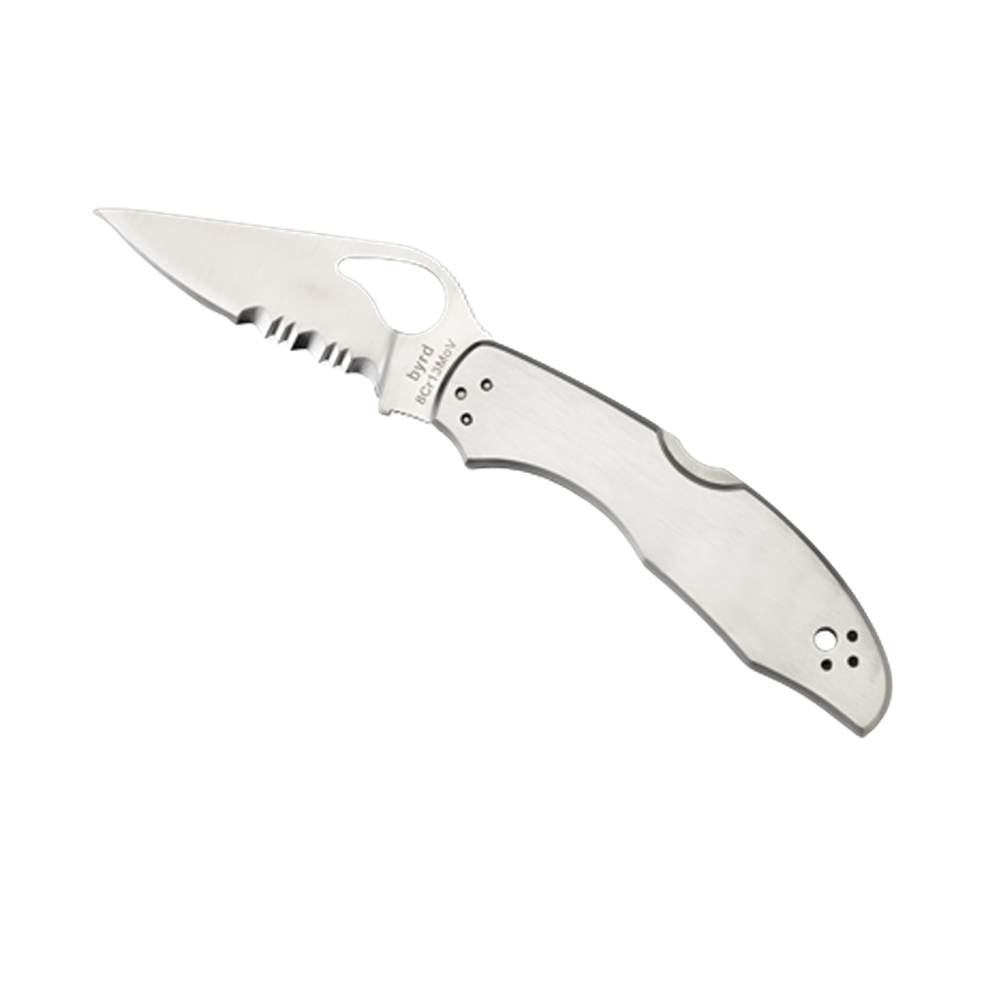 Stainless steel folding knife with partially serrated blade and ergonomic handle for woodworking and cutting tools collections