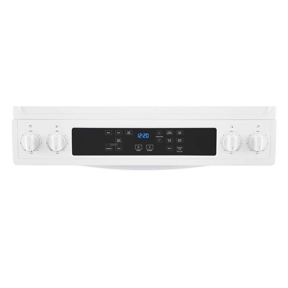 White electric range control panel with digital display and adjustable knobs in kitchen and appliances collection