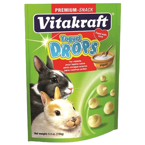 Green package of Vitakraft yogurt drops snack for rabbits with images of two rabbits and creamy drops spilling out