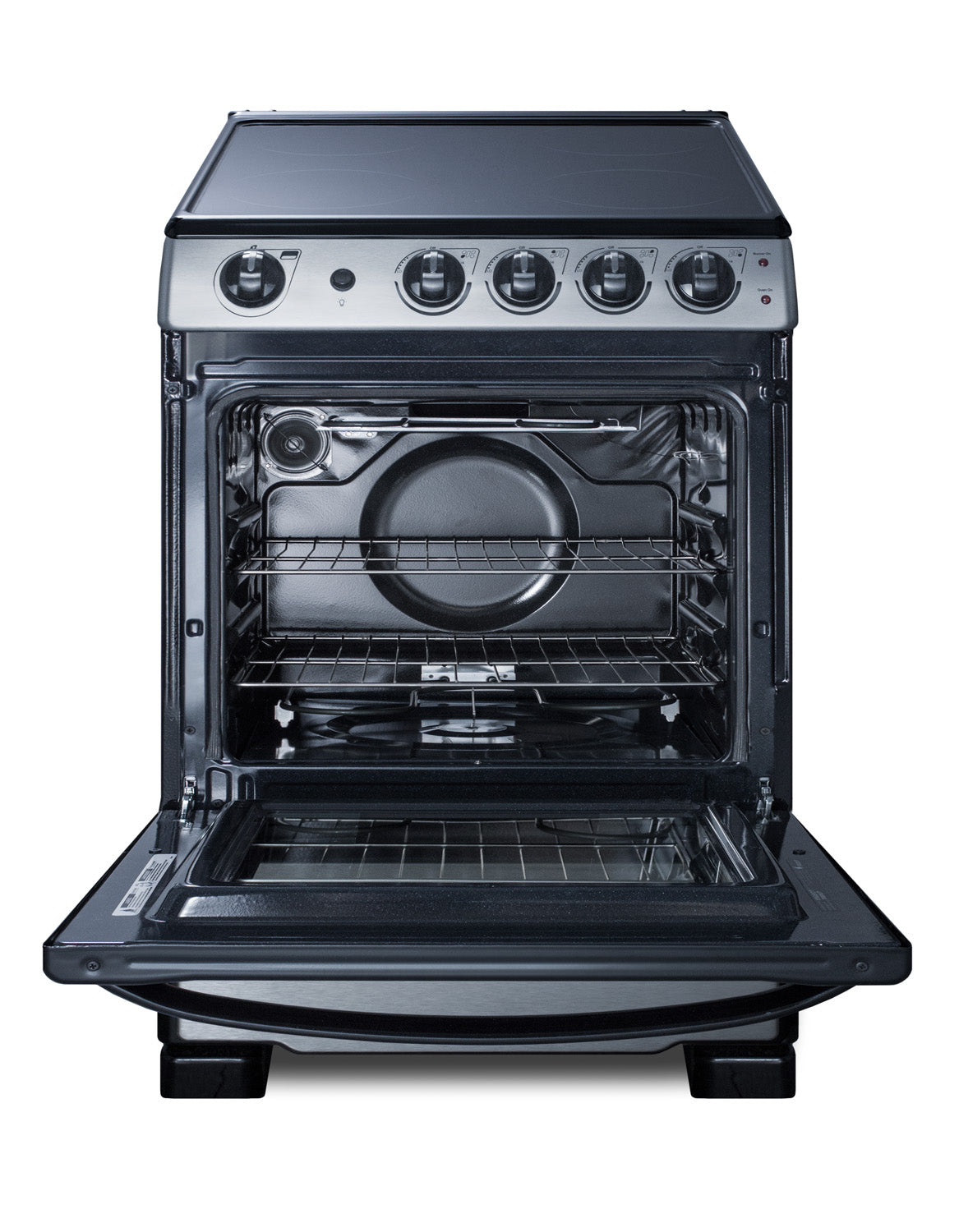 24-inch electric smooth-top range with open oven door showing racks, control knobs, and sleek stainless steel finish