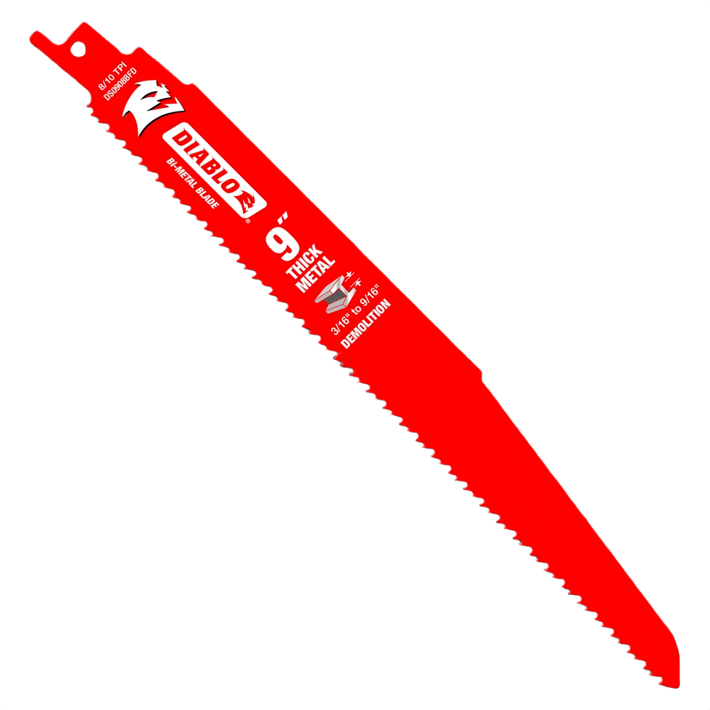 Red bi-metal saw blade designed for thick metal cutting, featuring precision teeth for tools and home improvement projects