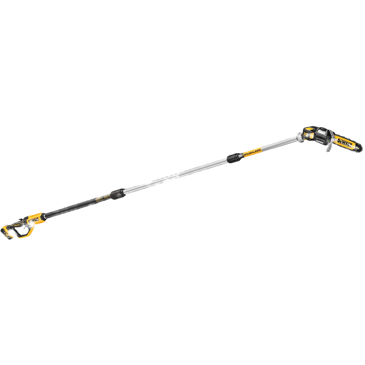 Cordless extendable pole saw with brushless motor and yellow-black design for tools and home improvement tasks
