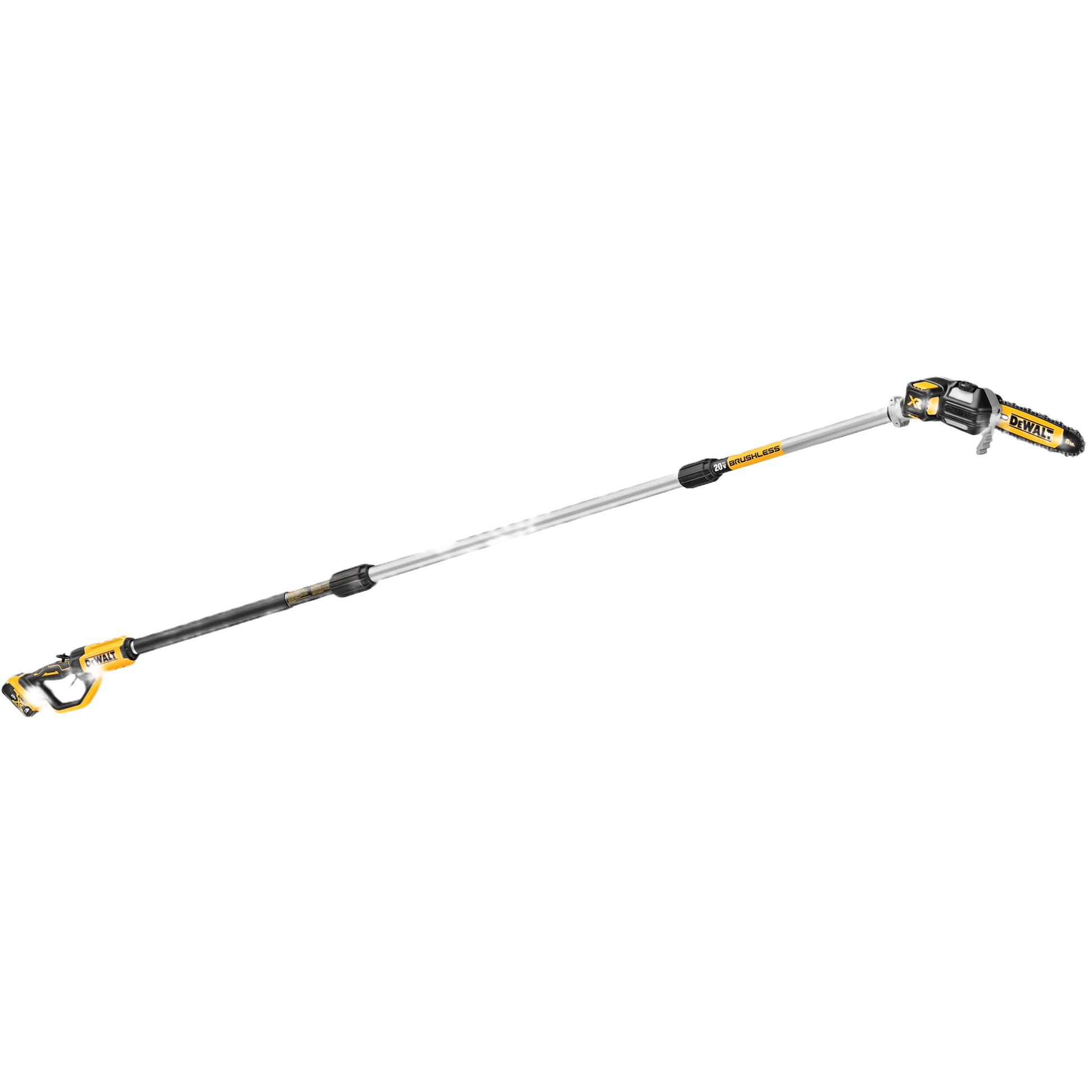 Cordless extendable pole saw with brushless motor and yellow-black design for tools and home improvement tasks