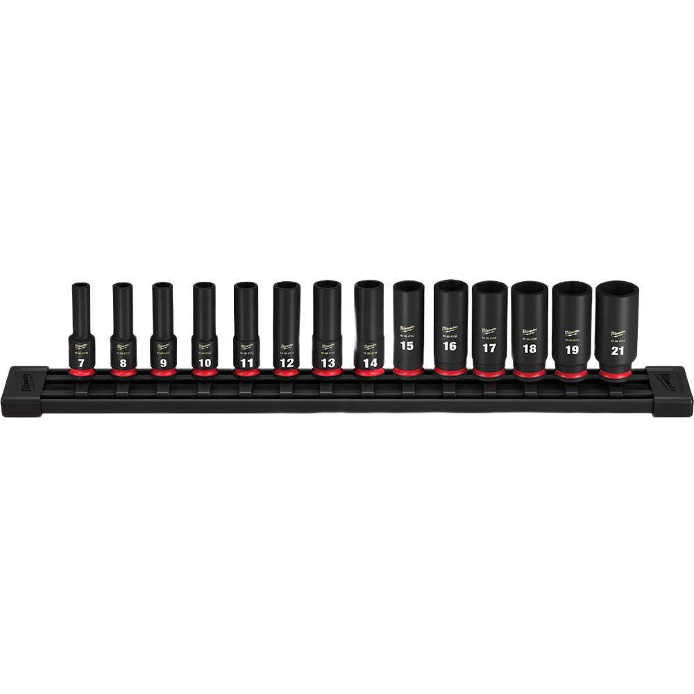 Set of black metric deep impact sockets with 6-point design on a tool rail for heavy-duty hand tool use