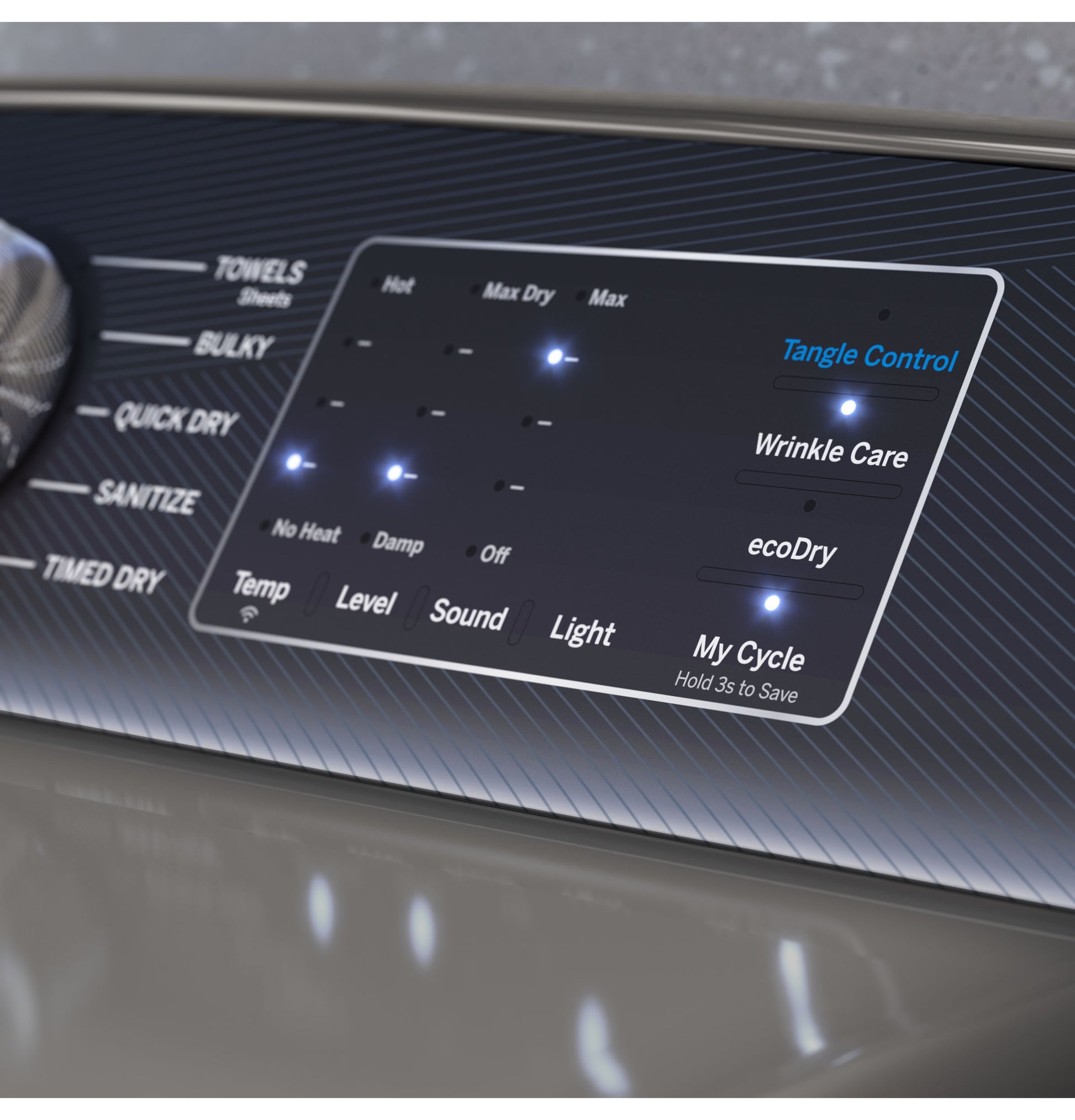 Close-up of smart electric dryer control panel with illuminated settings including Tangle Control and My Cycle from Dryers collection